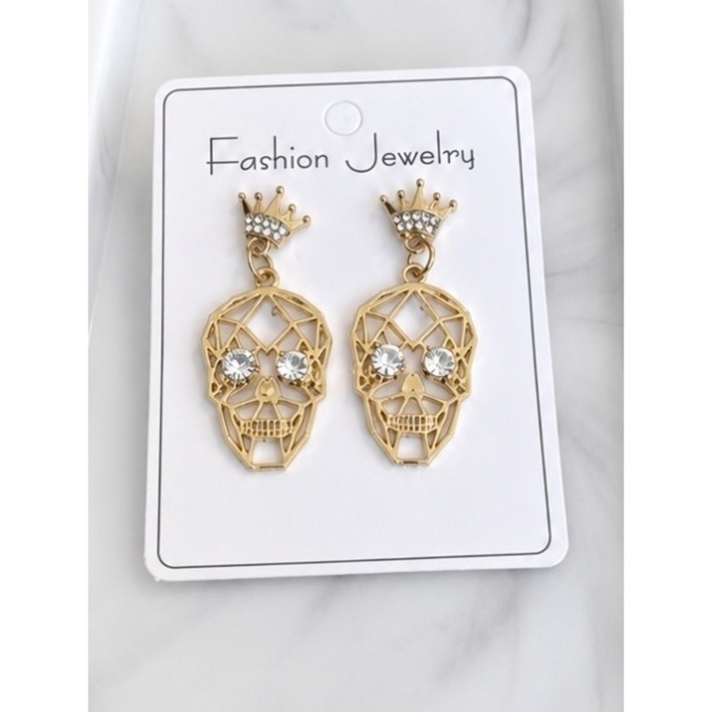 Gold Crowned Skull Drop Earrings Rhinestone Geometric Punk Gothic Jewelry